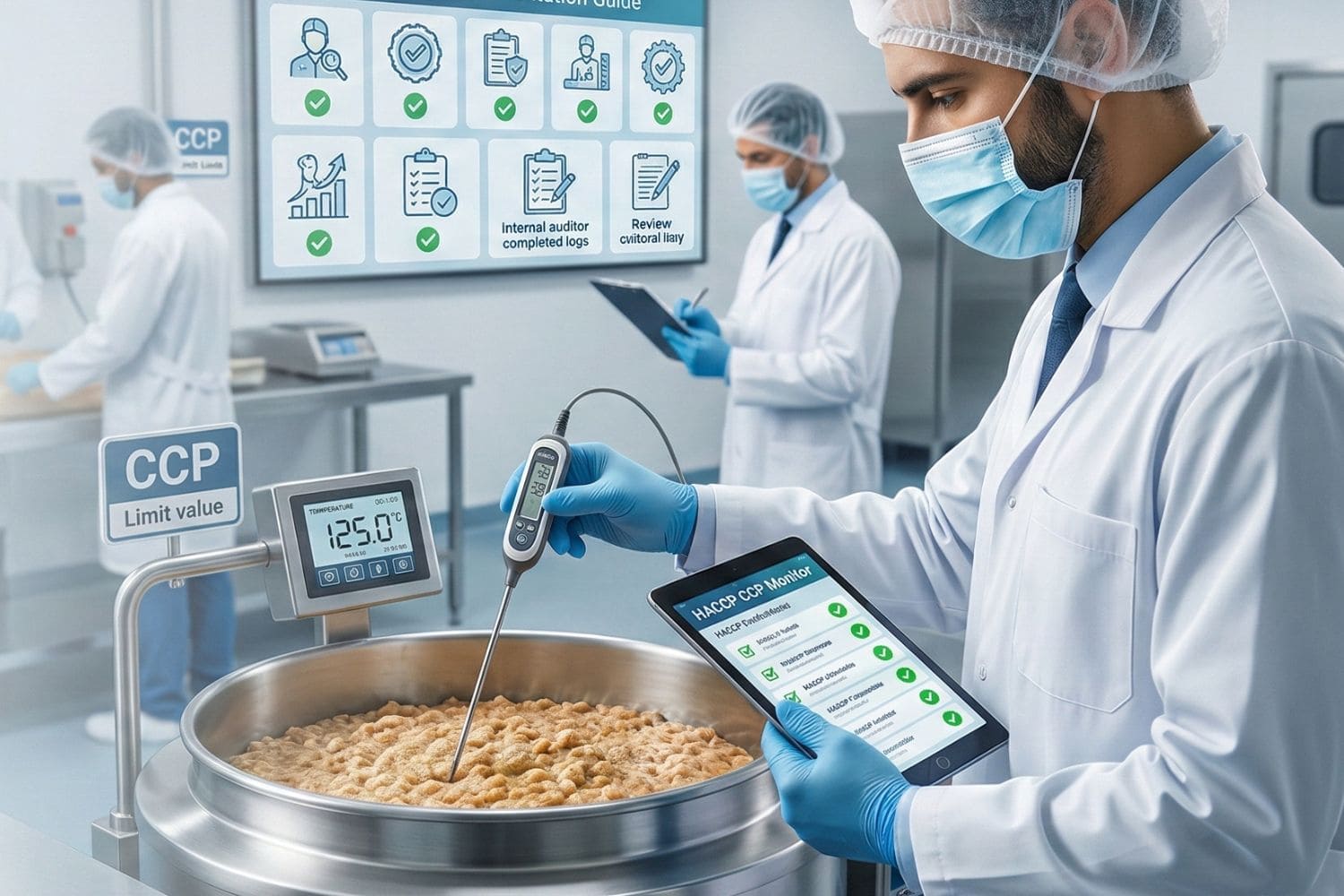 Chef and food safety consultant reviewing a HACCP checklist in a commercial kitchen