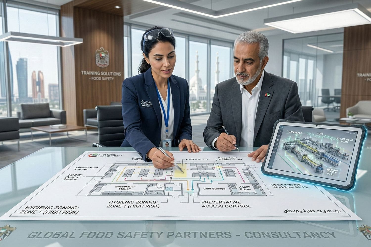 Consultants reviewing food facility blueprints