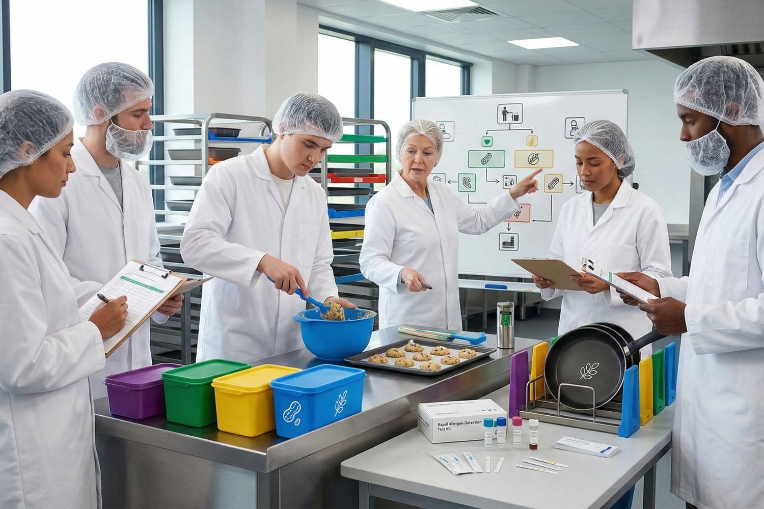 Chef learning allergen cross-contamination prevention in a commercial kitchen